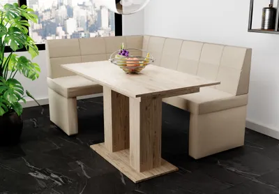 Produktbild von Eckbankgruppe 168x128 cm BLAKE R Stoff Soro Creme / Esstisch DANTE Sonoma