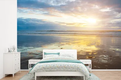 Produktbild von MuchoWow® Fototapete für Wohnzimmer oder Schlafzimmer Wandtapete Vinyl Motivtapete Bunter Himmel mit untergehender Sonne am Strand - 390x260 cm - Papiertapete