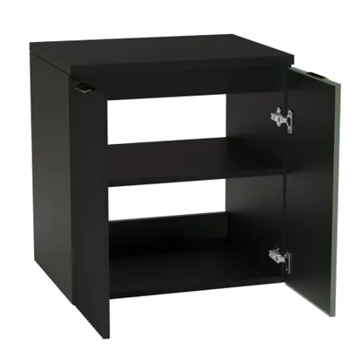 A black cabinet with two doors and two shelves.