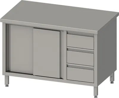 Produktbild von Arbeitsschrank mit Schiebetüren, 1200x700x850 mm, mit 3er Schubladenblock rechts, ohne Aufkantung, verschweißt
