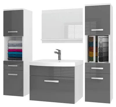 Immagine prodotto di Set di mobili da bagno BELINI PRI P6, 120 cm, grigio lucido - Mobile bagno moderno con lavabo e specchio, completo di tutti gli accessori, da montare a parete