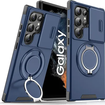 Immagine prodotto di Custodia a doppio strato per Samsung Galaxy S22 Ultra 5G, con copertura scorrevole della fotocamera e supporto magnetico ad anello Blu