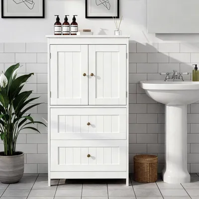 Produktbild von FCH Badezimmerschrank, Küchenschrank mit 2 Türen, 2 Schubladen, 60 x 30 x 110cm, Weiß