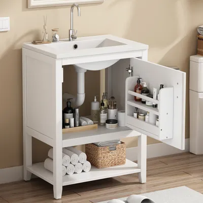 Immagine prodotto di okwish Mobili da bagno, mobile lavabo indipendente, mobile da bagno da 60 cm con lavabo in Vetroceramica, con ripiano, bianco