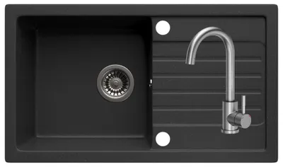 Produktbild von MIT ARMATUR - LINDBERGH® Granitspüle Schwarz "PRO11 + 1-Helia" inkl. Siphon + Seifenspender Küchenspüle Einbauspüle KÜCHE Spüle