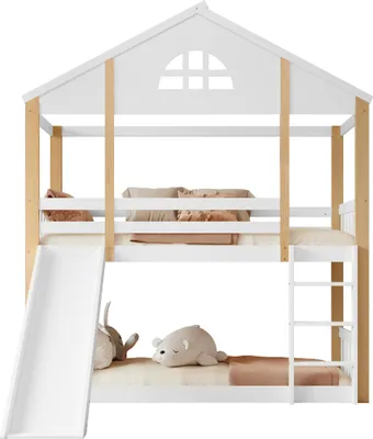 Produktbild von Etagenbett mit 2 Liegeflächen, Lattenrost, Rausfallschutz, Leiter und Rutsche, Kinderbett, 90x200 cm