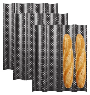 Productafbeelding van Baguette-vorm 3 stuks, antiaanbaklaag, 38 x 32 cm, zwart, geschikt voor 4 baguettes