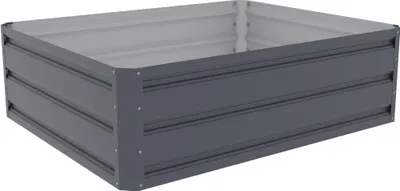 A dark gray metal raised garden bed is shown from a slightly elevated angle against a white background.