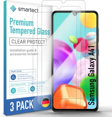 A product shot of screen protectors for a Samsung Galaxy A41, with packaging and a phone mockup.