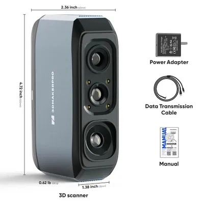 Image de Scanner 3D professionnel - Version Premium Moose - Suivi par intelligence artificielle - Précision de 0,03 mm - Résolution de 0,07 mm - Caméra couleur 24 bits - 10 images par seconde - Compatible Windows et Mac