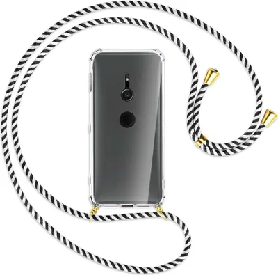 Produktbild von Handykette Backcover-Schutzhülle mit Band (Metall goldfarben) für Sony Xperia XZ2 - schwarz/weiß gestreift