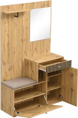 Productafbeelding van Garderobeset: Wandgarderobe met spiegel en schoenenbank voor hal of woonkamer, 110x37x185 cm. Garderobeset: Garderobekast met 2 deuren, een lade en haken (houtkleur)