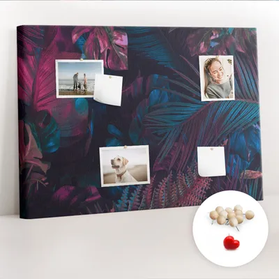 Obrázek produktu pro Korková nástěnka s kolíčky - Tabule s kolíky pro fotografie a poznámky - 100x70 cm - Připínáčky dřevěné 100 kusů - Exotické květiny