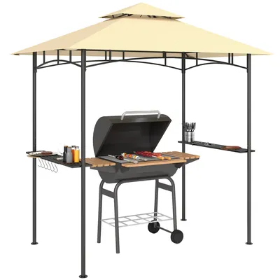 A grill pavilion with a barbecue grill and accessories, set against a white background.