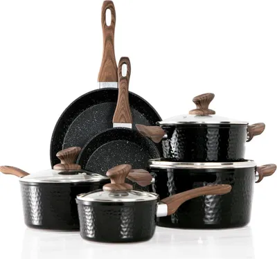 Image de set de 15 ustensiles de cuisine à induction avec revêtement en granit et poignées en bakélite
