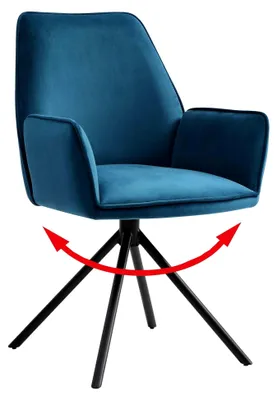 Produktbild von Esszimmerstuhl mit Armlehne, drehbar, Samt, türkis-blau, schwarze Beine
