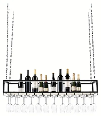 Immagine prodotto di Portavino a soffitto - Porta bottiglie - Porta bicchieri - Portaflaconi - Portavino con spazio per bicchieri - Metallo nero - 120 cm