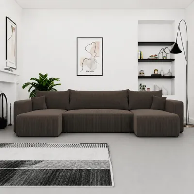 Produktbild von Ecksofa U-Form Castelo U Poso 06 Schokoladenbraun Cord mit Schlaffunktion und Bettkasten