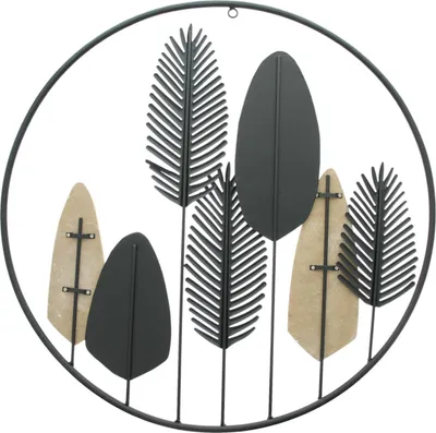 Produktbild von Wanddeko "Blättermix", Metall, Mattschwarz, Holz, weiß gekalkt Maße: Ø 56 cm