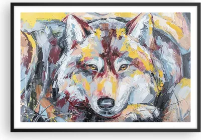 Produktbild von Gerahmtes Poster - Schwarzer Rahmen - Öl Wolf Hund - 91,5x61 cm - Wand Bild - Wanddeko - Wandbilder - Kunstposter - Wandposter - Bilderrahmen - Bilder - Kunstdruck - Wanddekoration - P2BAA91x61-4673