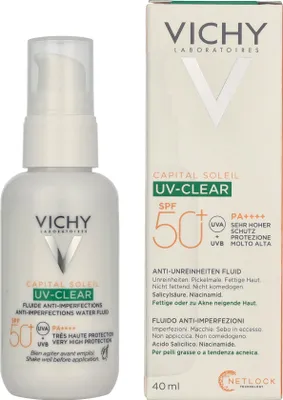A product shot of Vichy Capital Soleil UV Clear Anti-Imperfections Water SPF50 sunscreen bottle and its packaging.