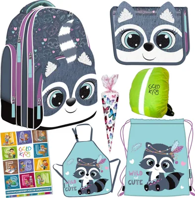Produktbild von Schulranzen für Jungen und Mädchen ab 1 Klasse - Schul-Rucksack für Kinder mit Waschbär-Motiv - Federmäppchen - Schuhbeutel - Schürze Zuckertüte