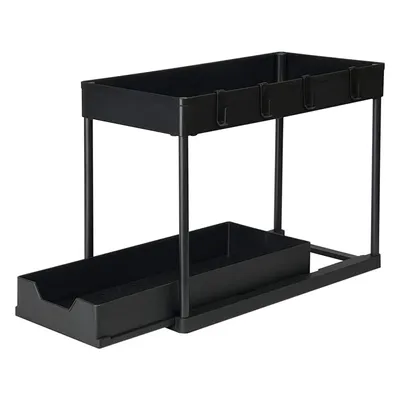 A black two-tier pull-out organizer for kitchen cabinets.