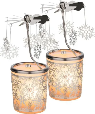 Produktbild von Silecomplaza 2er Set WEIHNACHTLICHES WINDLICHT – Teelichtkarussell aus Glas [Motiv Schneeflocke] – Höhe 15 cm, inkl. Teelicht – Perfekte ADVENTS- & WEIHNACHTSDEKORATION