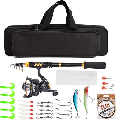 Produktbild von 1.8m Teleskop-Angelrute und Rolle Combo Full Kit Spinning Fishing Reel Gear Organizer Pole Set mit 100 m Angelschnur lockt Haken Jigkopf und Angel-Tragetasche Angelzubehoer