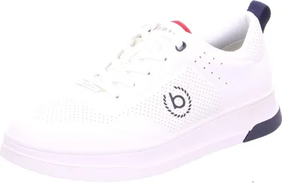 A white sneaker with navy blue and red accents, shown from a side-angle on a white background.