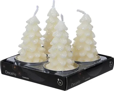 Produktbild von Teelichter Kerzen Paraffin 7cm Tannenbaum Form 4er Set Wollweiß