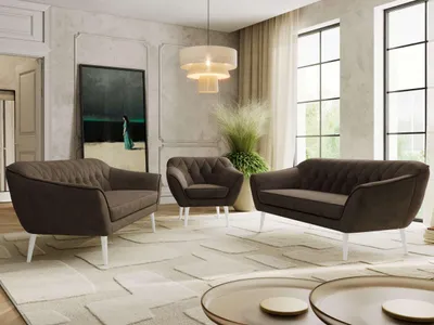 Produktbild von MKS MEBLE Couchgarnitur PIRS 3-3-1, Set mit Armlehnen, Wellenfederung, weiße Füße, Dreisitzer Sofas mit Sessel, Sitzgruppe Wohnzimmer - Braun Velvet