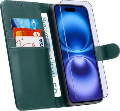 Imagen del producto de Funda para iPhone 16 Plus | Cartera de cuero tipo libro, funda tipo "book", modelo Classic + protector de vidrio