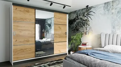 Produktbild von FurMeb24 Šatní skříň s posuvnými dveřmi RETRO 3 -200x205cm Šatní skříň se zrcadlem, třídveřová posuvná skříň (bílá / dub Craft Gold + zrcadlo a kování)