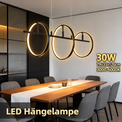Produktbild von 30W LED-Pendelleuchte für den Esstisch, 3 Ringe, dimmbar mit Fernbedienung, 3000–6000K, höhenverstellbar, modern, für Ess- und Wohnzimmer, schwarz