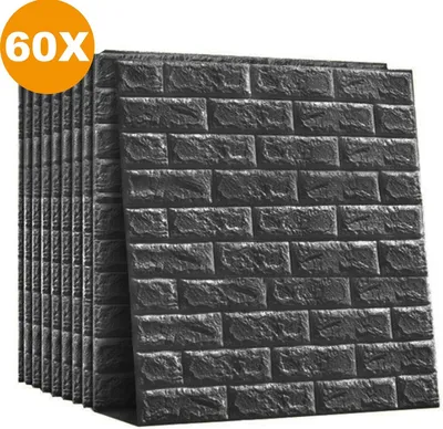 Produktbild von Happyment 3D Wandpaneele Schwarz – 60 Stück – Selbstklebende Wandsticker – 3D Steinoptik – PVC Wandverkleidung – Für Wohnzimmer & Badezimmer – 70×77cm – Wasserabweisend
