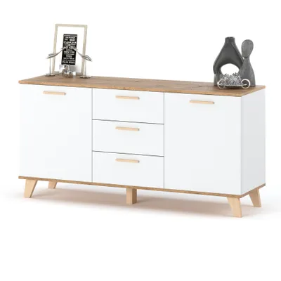 Zdjęcie produktu dla AZ team ® Komoda BIAŁA 3 Szuflady 2 Drzwi Duża Pojemna Szafka RTV OSLO 150 cm Styl Skandynawski