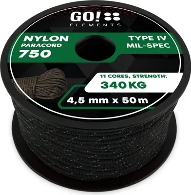 Produktbild von GO!elements 50m Paracord Seil aus reißfester Nylonschnur - 4,5mm Paracord 750 Typ IV Schnur - geeignet als Allzweckseil & Reepschnur - Max. 340kg, Farbe: Schwarz-reflektierend