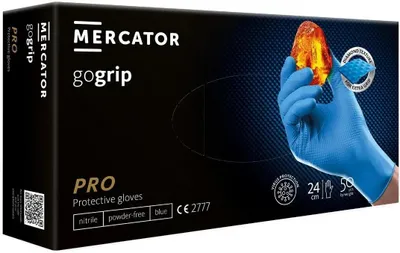 Produktbild von Nitrilhandschuhe puderfrei latexfrei 2-3x dicker Diamanttextur MERCATOR GoGrip, Größe:L - 50 Stück, Farbe:GoGrip Blau
