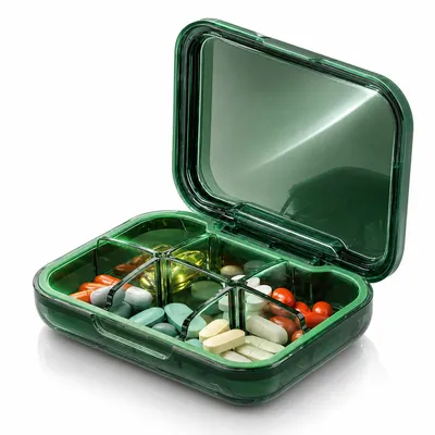 Produktbild von Tablettenbox mit 6 Fächern luftdicht kompakt für Reisen, BPA‑freie, KI-generiertes Bild
