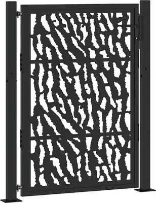 A black metal garden gate with a decorative cut-out pattern, shown in isolation against a white background.