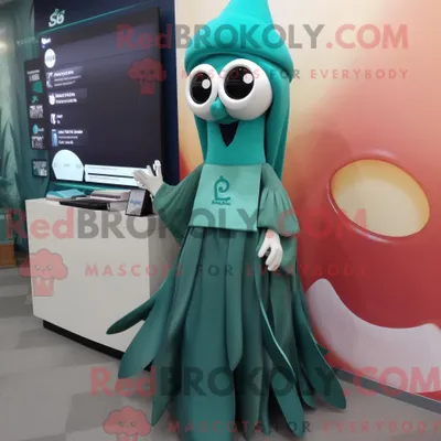 Produktbild von Teal REDBROKOLY Squid Maskottchen Kostüm Charakter gekleidet mit einem Faltenrock und Uhren