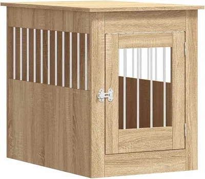 Imagen del producto de Jaula para perros fabricada con material de madera, color roble Sonoma, dimensiones 55x80x68 cm