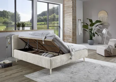 Produktbild von Meise Möbel Stauraumbett Mattis 160x200 cm | Doppelbett | Bettkasten & Lattenrost (Federholzrahmen) | Strukturstoff Beige | Holzfuß sandfarbig