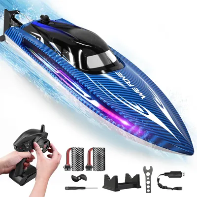 Produktbild von WeFone RC Boot für Kinder, 2,4 GHz, kentersicher, LED, 40 Min., 24 km/h, Blau