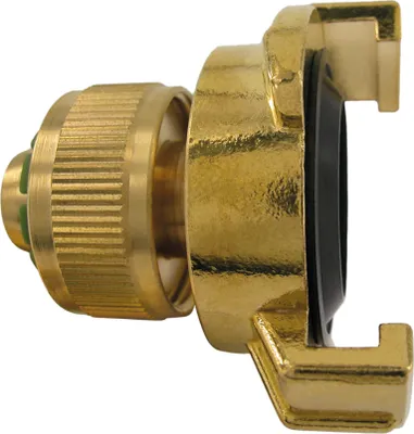 A close-up studio shot of a brass hose fitting.