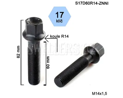 Obrázok produktu pre Skrutka kolesa M14x1,5x60 guľa R14, kľúč 17, S17D60R14-ZNNI, čierna, výška 82