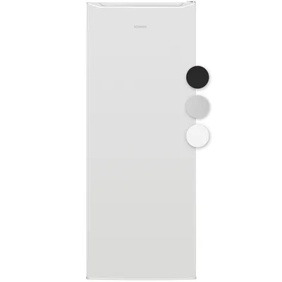A white Bomann refrigerator is shown against a white background, with three colored circles representing color options to the right of the appliance.