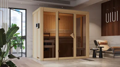 Produktbild von Karibu Sauna Innensauna Irava 2 Fronteinstieg Ofen 3,6 kW externe Strg.easy 216x122x198 cm ohne Dachkranz