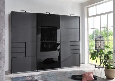 Schwebetürenschrank - 270 x 208 cm - 6 Schubladen - Graphit matt Nachbildung - mit Spiegel